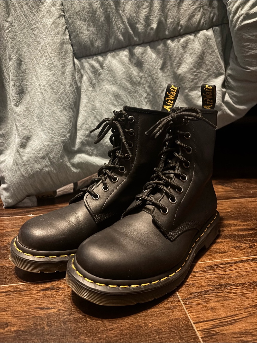 Dr. Martens Black Leather 8-Eye Combat Boots with Yellow Stitching